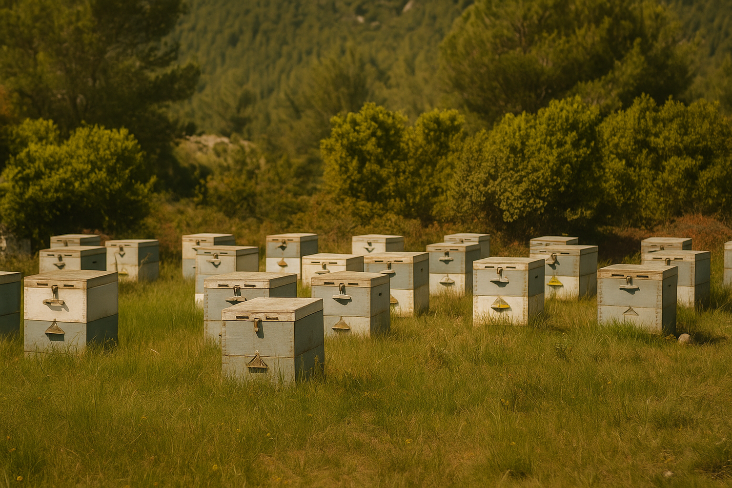 Beehives in the Greek countryside near Livadeia – HoneyTime natural beekeeping site.